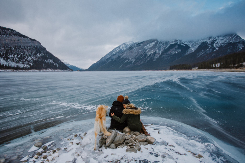 Peter, Laughed provincial park, provincial park, alberta parks, couple, dog, engagement, frozen lake