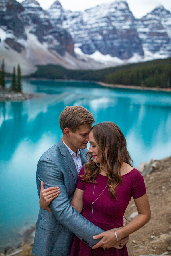 lake Moraine blue water with an engagement session